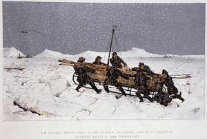 Bij de rivier, Golf van St. Lawrence: boot op een slee, nabij Brule en Cape Tormentin - in "Sketches of canadian sports and pastimes" door Luitenant Henry Buckton Laurence