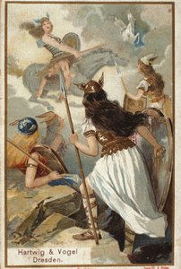Noordse mythologie: De Walkuren (krijgsmaagden) in Valhalla en de val van krijgers in de strijd. Chromolithografie uit de 19e eeuw