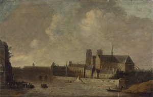 Notre-Dame en het Aartsbisschoppelijk Paleis, gezien vanaf de Quai de la Tournelle, circa 1640, huidige 4e arrondissement, tussen 1635 en 1645 door Unknown artist
