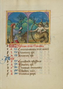 November Kalenderblad; Eikels verzamelen voor varkens; Boogschutter door Unknown artist
