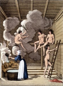 Naakte personages in een Finse sauna. Gravure uit 1811 bevat een boek over de reis.