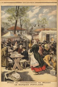 Ter gelegenheid van de kroning van Tsaar Nicolaas II wordt een volksbanket aangeboden aan 500.000 Russen op het Khodinskoie manoeuvreveld in Moskou, voorafgegaan door theatervoorstellingen. Gravure in "Le petit journal" 17/05/1896. Selva