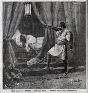 Othello heeft zojuist Desdemona in zijn bed vermoord. Scène uit de opera 