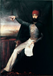 Ottomaanse Rijk: Portret van Sultan Mahmud II (1784-1839) Het is representatief wijzend met zijn vinger mogelijk om het bevel aan te geven om de Janitsaren te slachten. Anoniem olieverfschilderij. 1808-1839 Istanboel, Topkapi Sarayi Museum, Turkije door Unknown artist