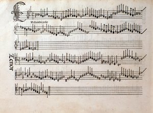 Pagina van muzikale partituur van Harmonice Musices Odhecaton door Ottaviano Petrucci (1501) door Unknown artist