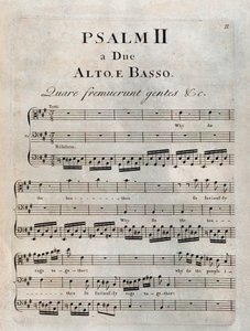 Pagina van de tweede psalm in de muzikale partituur van "De psalmen" door Benedetto Marcello