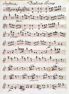 Pagina van de bladmuziek voor de eerste viool van Symfonie nr. 4 in D, door Mozart (1765) door Unknown artist