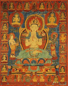 Geschilderde banier (Thangka) van Bodhisattva Maitreya omringd door zijn gevolg door Unknown artist