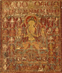 Geschilderde banier (Thangka) van Bodhisattva Manjushri met Vajrapani (rechts) en Padmapani (links) door Unknown artist
