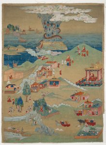 Geschilderde banier (Thangka) van vijf morele verhalen uit de Avadana Kalpalata Jataka door Unknown artist