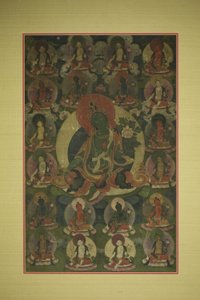 Geschilderde banier (Thangka) van Groene Tara omringd door twintig manifestaties door Unknown artist