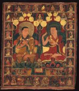 Geschilderde banier (Thangka) van overleveringsschilderij van twee lama