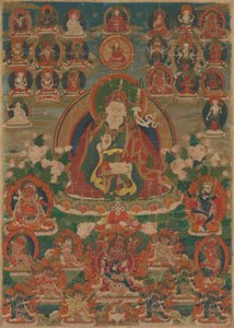 Geschilderde banier (Thangka) van de wijze Goeroe Padmasambhava zittend met een bliksemschicht (Vajra) en schedelbeker (Kapala) door Unknown artist
