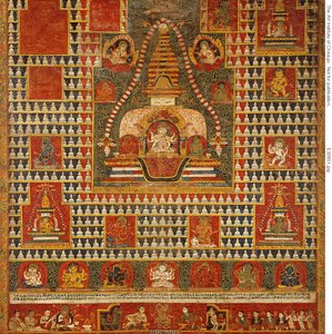 Geschilderde banier (paubha) van Godin Ushnishavijaya binnen een grafheuvel (chaitya) en omringd door Chaitya