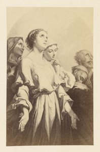 [Schilderij van vrouw met handpalmen omhoog].