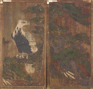 Paar deuren met adelaar op een dennenboom aan de ene kant; herten en kersenbloesems aan de andere kant door Unknown artist