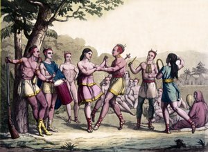 Feestscène onder de Iroquois Indianen. 17e-eeuwse gravure. door Unknown artist