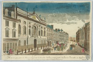 Kijkdoos, Maison Quiserie de Magasins, voor de Marine van de Koning, en een deel van de Haven van Plymouth in Engeland door Unknown artist