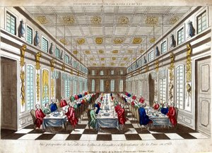 Perspectiefweergave van de Salle des Festins de Versailles ter viering van de vrede in 1763 tussen Groot-Brittannië, Frankrijk en Spanje.