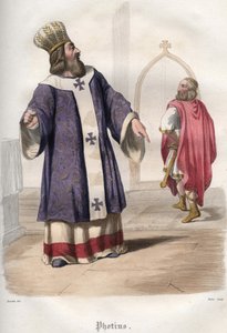 Photios I (Photius, Fotios) (810-893), patriarch van Constantinopel, die de Byzantijnse keizer Basil I de Macedoniër (813-886) uit de kerk verdrijft na de moord op keizer Michael III in 867. door Unknown artist