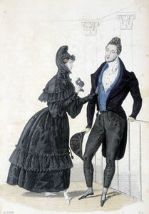 Plaat die de mannelijke en vrouwelijke mode van de jaren 1830 illustreert. De vrouw draagt een jurk met een kap en houdt een balmasker in haar handen.