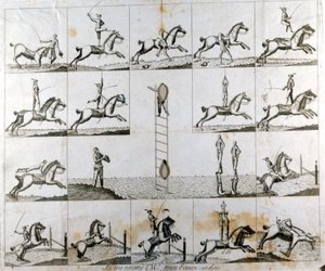Plaque van 19 prenten die de dapperheid van de Engelse voltiger Mr Price uitbeelden. Circa 1790