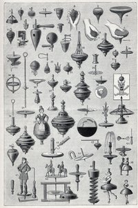 Plaat met een verzameling spinners met verschillende vormen en rotatiesystemen. Gravure in 