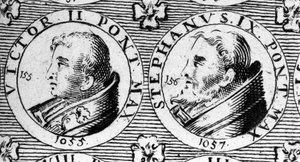 Pausen Victor II (of Victor 2 overleden 1057) en Stefanus IX (of Stefanus 9 overleden 1058). Gravure uit de 18e eeuw door Unknown artist