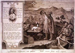 Portret van Amerigo Vespucci (1454 - 1512), Italiaanse navigator, afgebeeld terwijl hij een astrolabium gebruikt. In een doos links is een portret van Dante Alighieri evenals een passage van het eerste lied van het Vagevuur van de Goddelijke Komedie. Gravu
