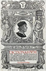 Portret van Antonio Martinez de Cala genaamd Antonio de Nebrija (1441-1522) Spaanse humanist en grammaticus. Bewaarde pagina van zijn woordenboek, gepubliceerd in 1536. Nationale Bibliotheek van Madrid. door Unknown artist