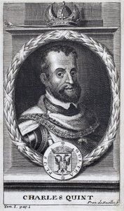 Portret van Karel V (1500-1558), koning van Spanje en Spaans-Amerika, koning van Sicilië en keizer van het Heilige Roomse Rijk (1519-1556). Gravure ter illustratie van 