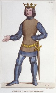 Portret van Karel V de Wijze in militair kostuum (1338 - 1380). Gravure uit 1830