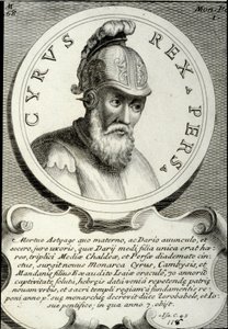 Portret van Cyrus II (ca. 559-529 v.Chr.) genaamd Cyrus de Grote, stichter van het Perzische Rijk. Gravure uit de 18e eeuw door Unknown artist