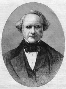 Portret van George Peabody (1795-1869) ondernemer en filantroop oprichter van het Peabody Institute Conservatorium van de Johns Hopkins University in Maryland, Verenigde Staten. Gravure in 