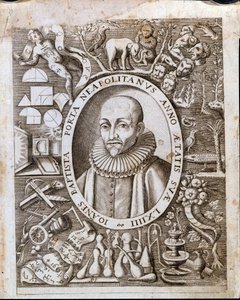 Portret van Giambattista della Porta op het frontispice van 