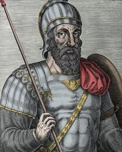 Portret van Godfried van Bouillon (1040/61-1100), Frankisch ridder, een van de leiders van de Eerste Kruistocht - Gravure 16e eeuw