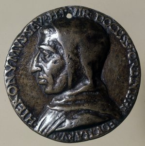 Portret van Jerome Savonarola of Girolamo Savonarola (1452 - 1498), Italiaanse prediker. Hij vestigde een theocratisch regime in Florence. Medaillon uit de tijd.
