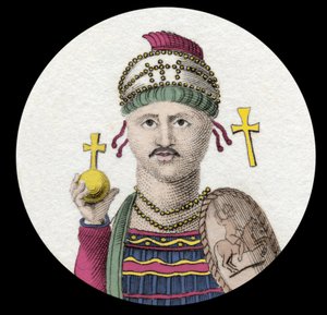 Portret van Justinianus I (De Grote) (Flavius Petrus Sabbatius Justinianus) (482-565). Romeinse keizer van het Oosten. Gravure uit de 19e eeuw. door Unknown artist