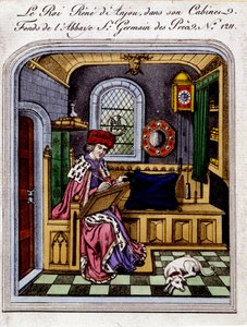 Portret van koning René van Anjou (1409-1480), ook wel René I van Napels of René van Sicilië genoemd, in zijn kabinet - gravure naar een miniatuur