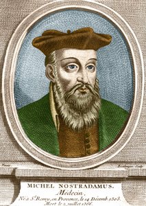 Portret van Michel Nostradamus, arts, geboren in Saint-Remy-de-Provence op 14/12/1503 en overleden op 02/07/1566. Gravure uit de 19e eeuw