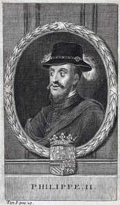 Portret van Filips II van Spanje (Felipe) (1527-1598), koning van Spanje en Portugal. Gravure ter illustratie van 