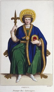 Portret van Pepijn de Korte (circa 714 - 768), koning der Franken, eerste Karolinger. Gravure uit 1830 door Unknown artist