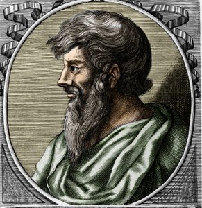 Portret van Pythagoras (ca. 570 - ca. 480 v.Chr.), Griekse wiskundige en filosoof. Gravure uit de 18e eeuw