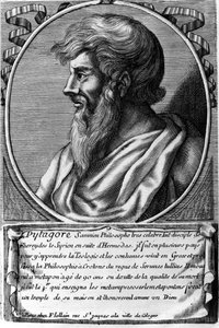 Portret van Pythagoras (ca. 570 - ca. 480 v.Chr.), Griekse wiskundige en filosoof. Gravure uit de 18e eeuw.