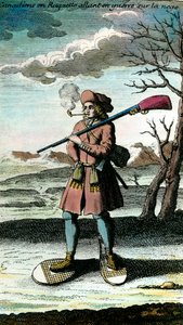 Portret van een Canadees in sneeuwschoenen op de sneeuw op weg naar de oorlog. 18e eeuwse gravure. Privécollectie.