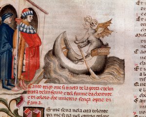 Portret van de Italiaanse dichter Dante Alighieri die naar Charon kijkt terwijl hij zijn boot over de Acheron vaart met de zielen (lied 3 uit de Hel, in de Goddelijke Komedie) door Unknown artist