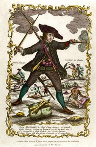 Portret van de Franse bandiet Louis Mandrin (ca. 1725-1755). Achter hem, de actie van Autun en het gevecht van Baune. Gravure uit de 18e eeuw. Privécollectie