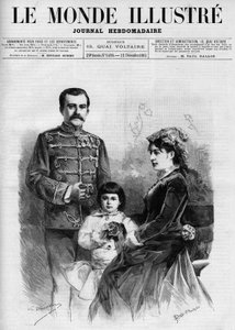 Portret van de koning van Servië Milan I (Milan Obrenovich) (1854-1901), omringd door koningin Nathalie en haar troonopvolger prins Alexander, in 