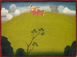 Pradyumna en Mayavati Vliegen naar Dvaraka, uit de Grote Basohli Bhagavata Purana