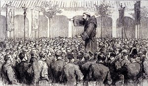 Prediking van een kapucijner monnik aan de pelgrims die naar Lourdes kwamen in de Hoge Pyreneeën waar de Maagd verscheen aan Bernadette Soubirous in 1858, huidige bedevaartplaats. Gravure uit 1877 door Unknown artist